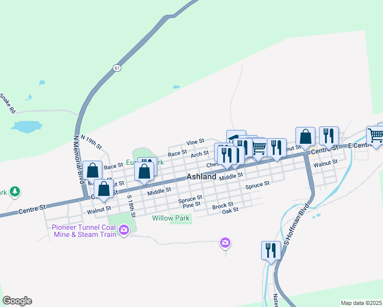 map of restaurants, bars, coffee shops, grocery stores, and more near 1219 Race Street in Ashland