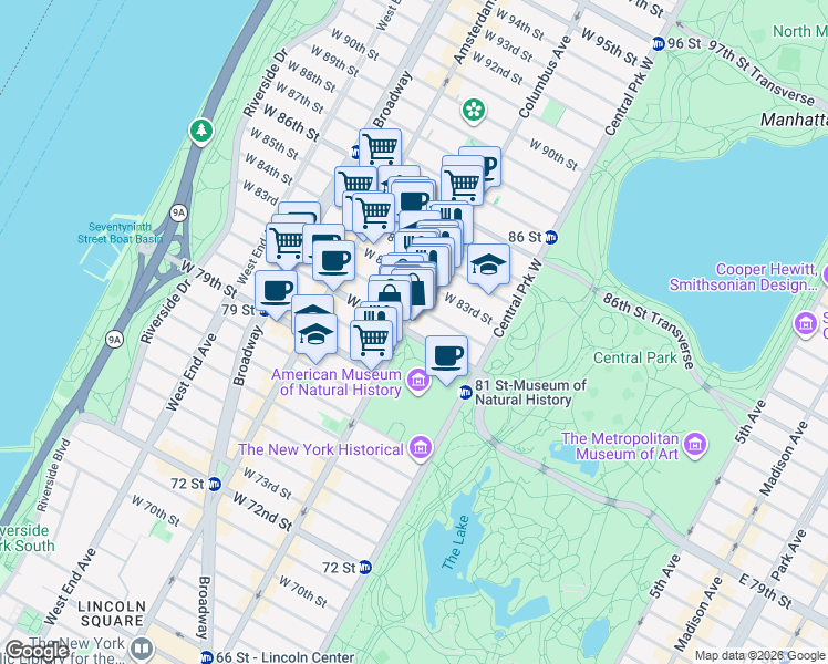 map of restaurants, bars, coffee shops, grocery stores, and more near 451 Columbus Avenue in New York
