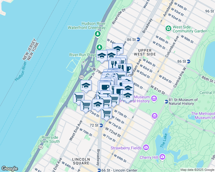 map of restaurants, bars, coffee shops, grocery stores, and more near in New York