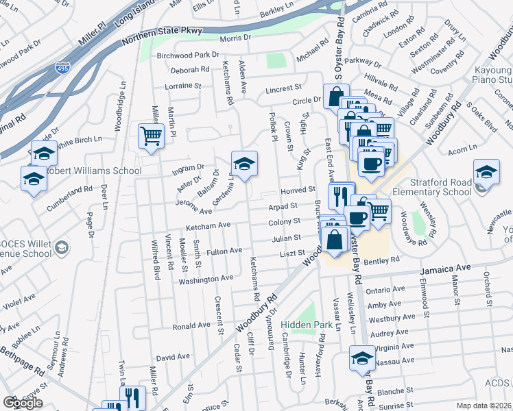 map of restaurants, bars, coffee shops, grocery stores, and more near 39 Arpad Street in Hicksville