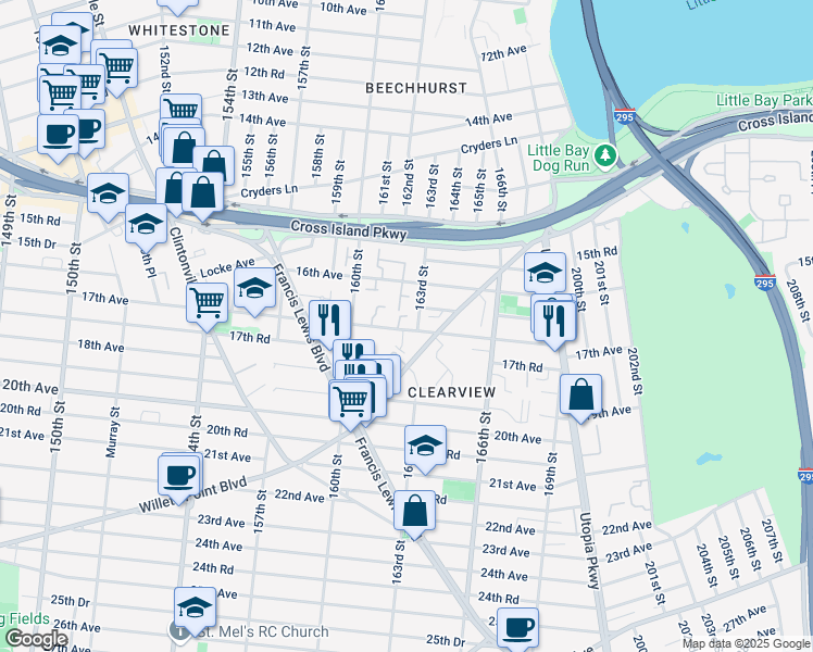 map of restaurants, bars, coffee shops, grocery stores, and more near 16-33 163rd Street in Queens
