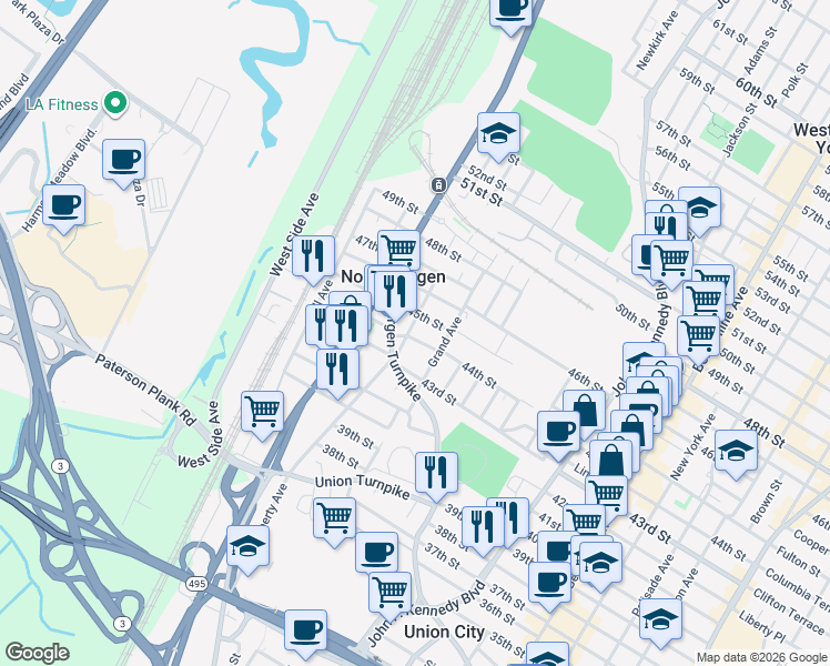 map of restaurants, bars, coffee shops, grocery stores, and more near 4411 Liberty Avenue in North Bergen
