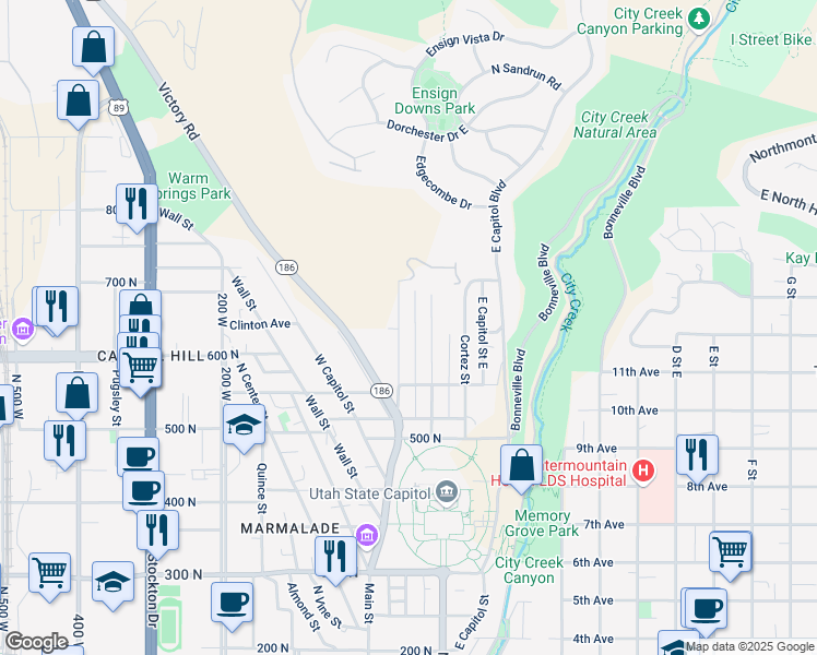 map of restaurants, bars, coffee shops, grocery stores, and more near 650 Columbus Street East in Salt Lake City