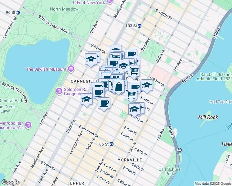map of restaurants, bars, coffee shops, grocery stores, and more near 190 East 93rd Street in New York