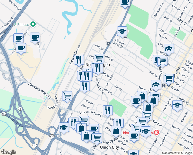 map of restaurants, bars, coffee shops, grocery stores, and more near 1821 44th Street in North Bergen