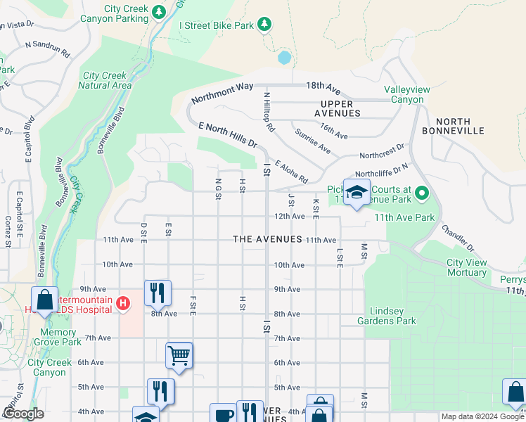 map of restaurants, bars, coffee shops, grocery stores, and more near 591 12th Avenue in Salt Lake City