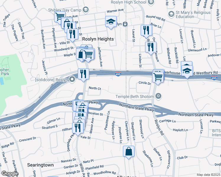 map of restaurants, bars, coffee shops, grocery stores, and more near 74 Rushmore Avenue in Roslyn Heights