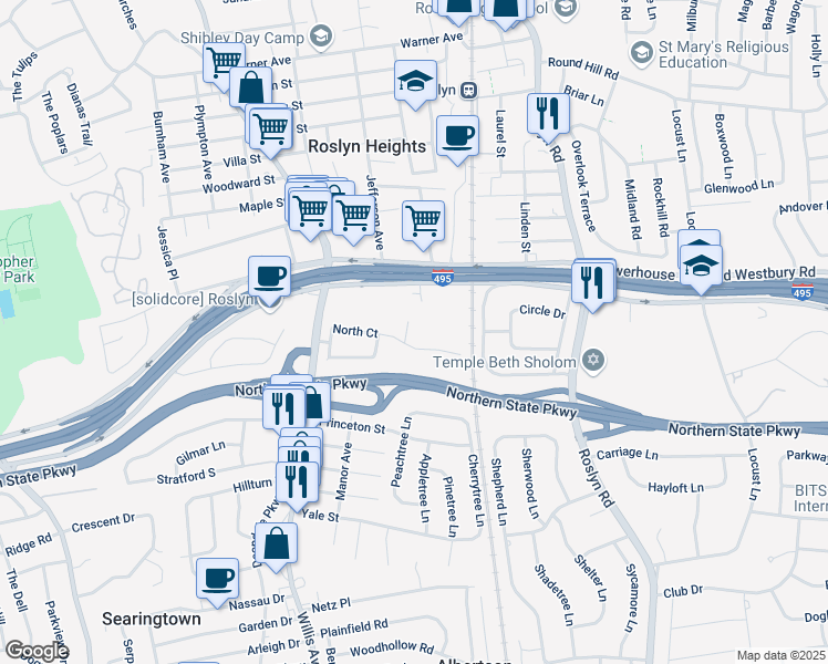 map of restaurants, bars, coffee shops, grocery stores, and more near 74 Rushmore Ave in Roslyn Heights