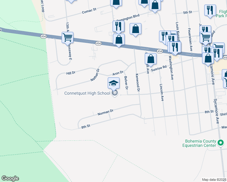 map of restaurants, bars, coffee shops, grocery stores, and more near 190 7th Street in Bohemia
