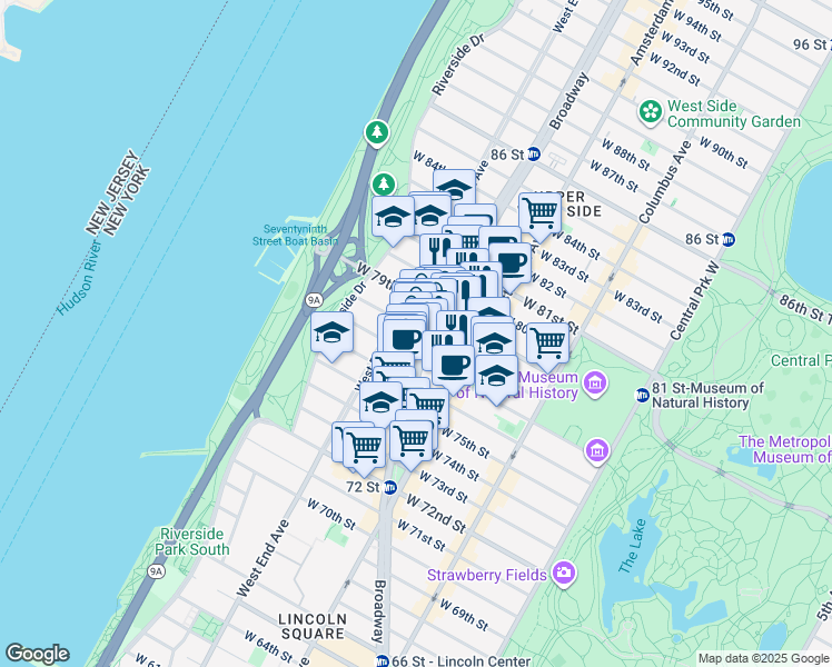 map of restaurants, bars, coffee shops, grocery stores, and more near 262 West 78th Street in New York