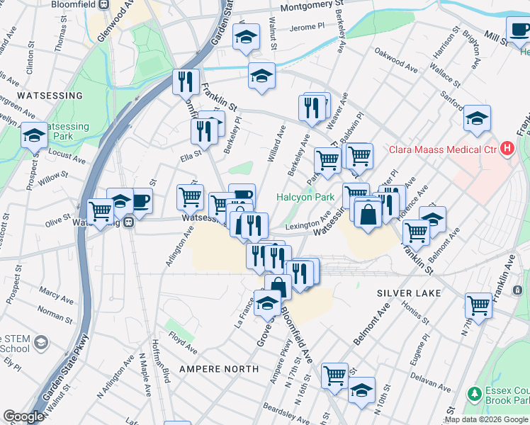 map of restaurants, bars, coffee shops, grocery stores, and more near 80 Berkeley Avenue in Bloomfield
