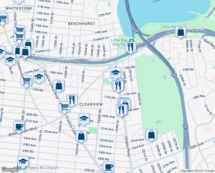 map of restaurants, bars, coffee shops, grocery stores, and more near 16-22 166th Street in Queens
