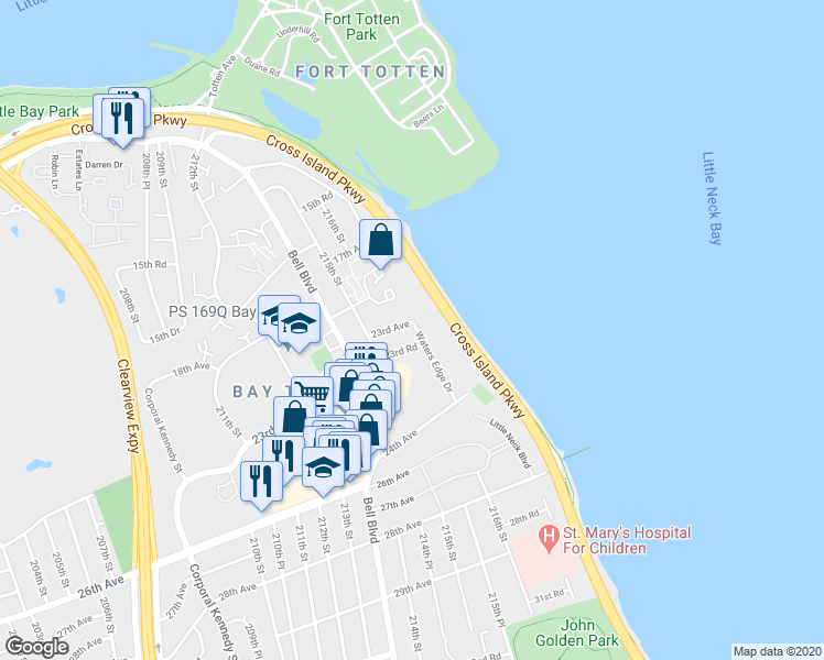 map of restaurants, bars, coffee shops, grocery stores, and more near 23-6 Waters Edge Drive in Queens