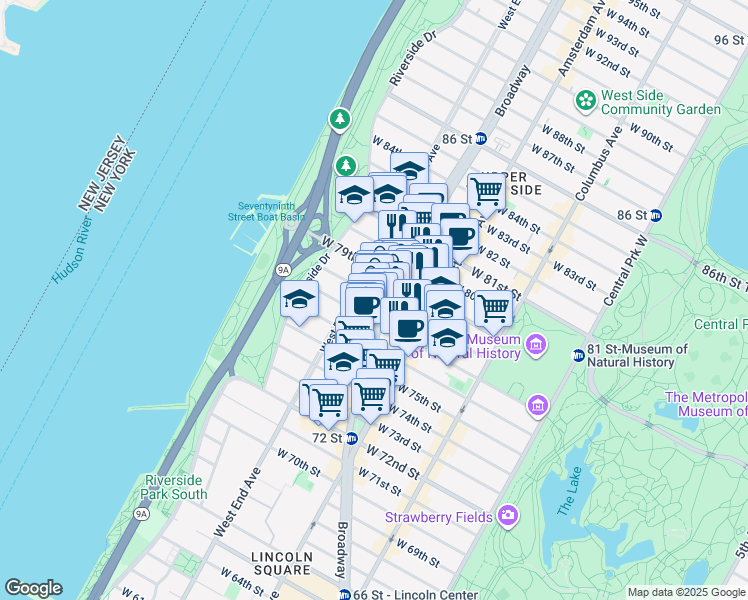 map of restaurants, bars, coffee shops, grocery stores, and more near 250 West 78th Street in New York