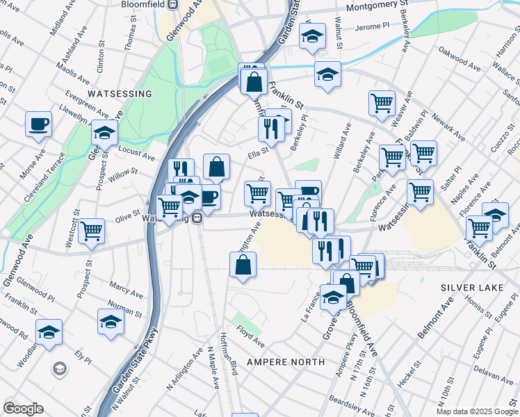 map of restaurants, bars, coffee shops, grocery stores, and more near 86 Watsessing Avenue in Bloomfield