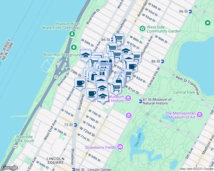 map of restaurants, bars, coffee shops, grocery stores, and more near 150 West 80th Street in New York