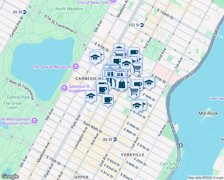 map of restaurants, bars, coffee shops, grocery stores, and more near 153 East 92nd Street in New York