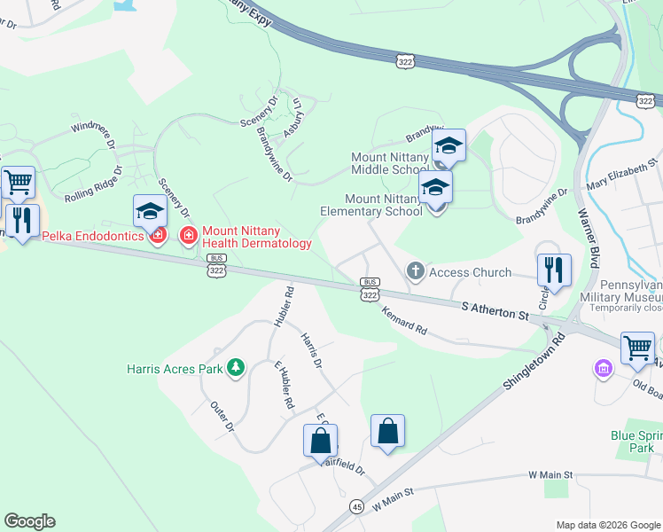 map of restaurants, bars, coffee shops, grocery stores, and more near Warnock Road in Centre County