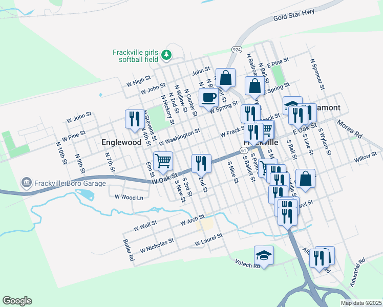map of restaurants, bars, coffee shops, grocery stores, and more near 28 South 2nd Street in Frackville