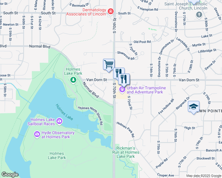 map of restaurants, bars, coffee shops, grocery stores, and more near 2845 S 70th St in Lincoln