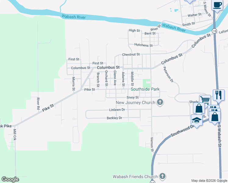 map of restaurants, bars, coffee shops, grocery stores, and more near 919 Pike Street in Wabash