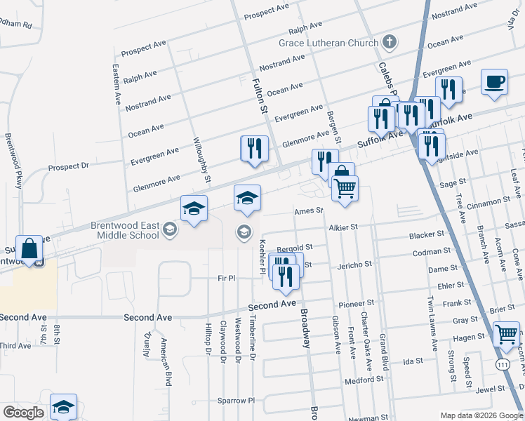 map of restaurants, bars, coffee shops, grocery stores, and more near 105 Ames Street in Brentwood