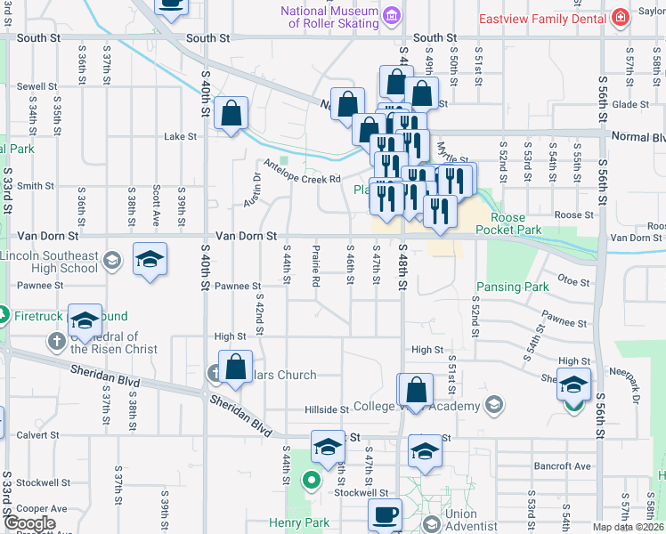 map of restaurants, bars, coffee shops, grocery stores, and more near 4530 Meadow Lane in Lincoln
