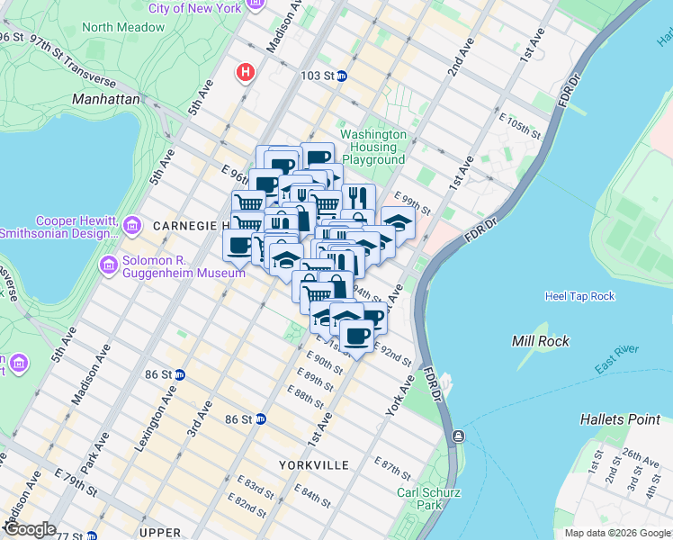 map of restaurants, bars, coffee shops, grocery stores, and more near 239 East 94th Street in New York