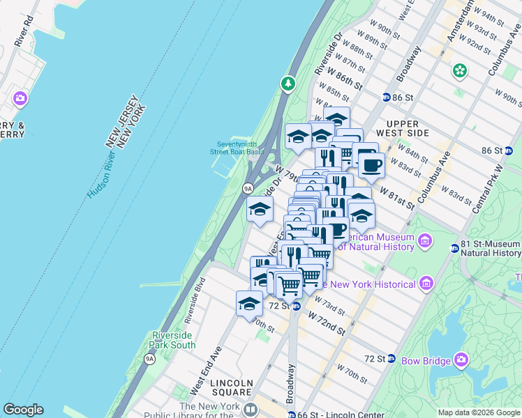 map of restaurants, bars, coffee shops, grocery stores, and more near 40 Riverside Drive in New York
