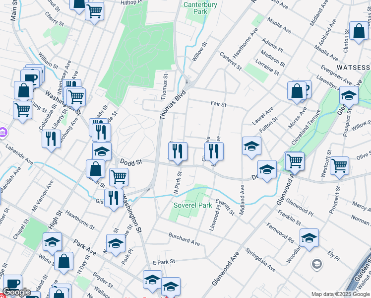map of restaurants, bars, coffee shops, grocery stores, and more near 205 North Park Street in East Orange