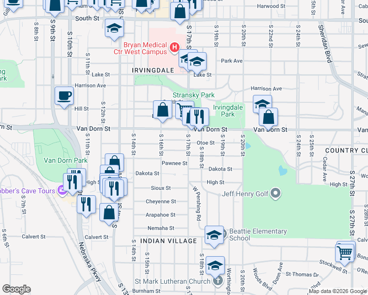 map of restaurants, bars, coffee shops, grocery stores, and more near 1661 Otoe Street in Lincoln