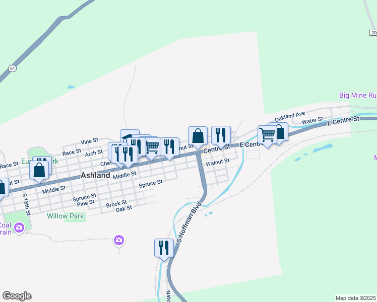 map of restaurants, bars, coffee shops, grocery stores, and more near 327 Centre Street in Ashland