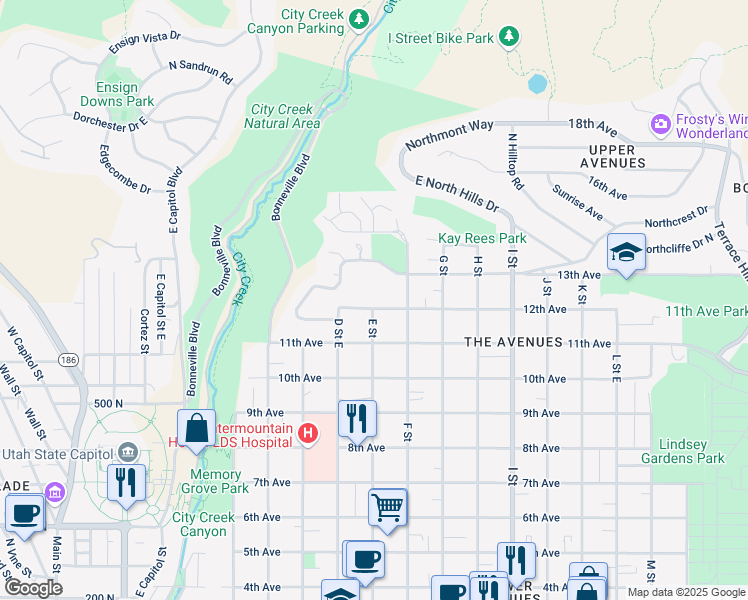 map of restaurants, bars, coffee shops, grocery stores, and more near 395 East 12th Avenue in Salt Lake City