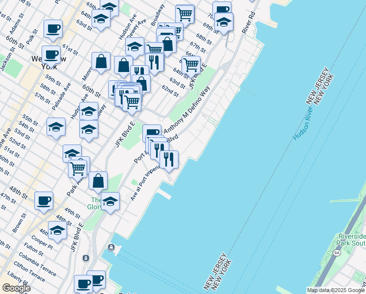 map of restaurants, bars, coffee shops, grocery stores, and more near 9 Avenue at Port Imperial in West New York