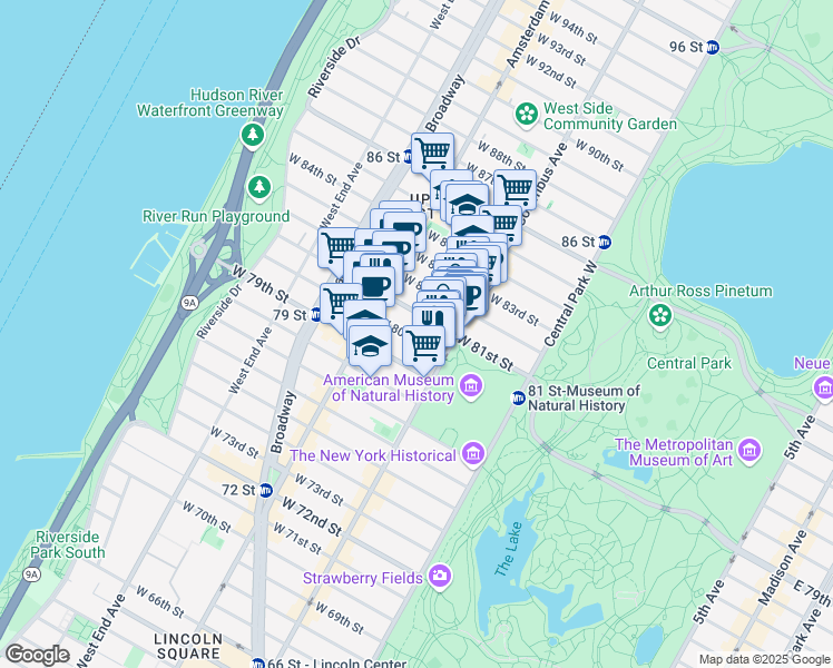 map of restaurants, bars, coffee shops, grocery stores, and more near 139 West 80th Street in New York