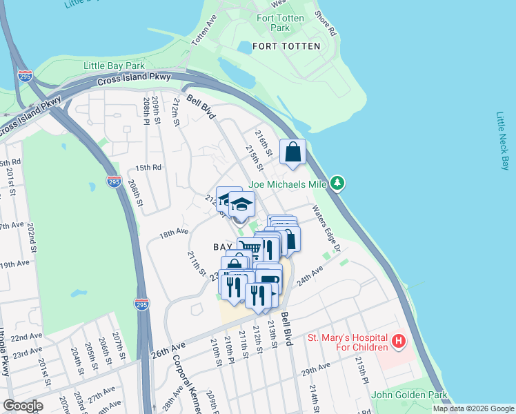 map of restaurants, bars, coffee shops, grocery stores, and more near 18-06 Bell Boulevard in Queens