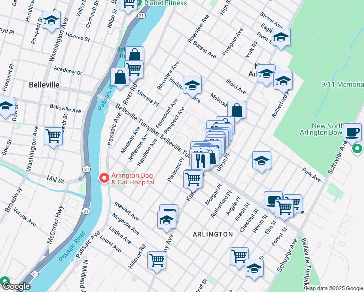 map of restaurants, bars, coffee shops, grocery stores, and more near 25 Garden Terrace in North Arlington