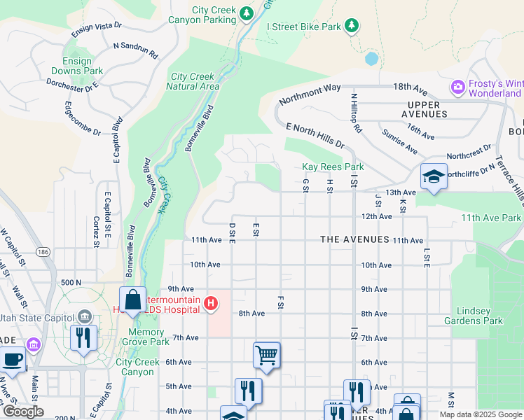 map of restaurants, bars, coffee shops, grocery stores, and more near 395 East 12th Avenue in Salt Lake City
