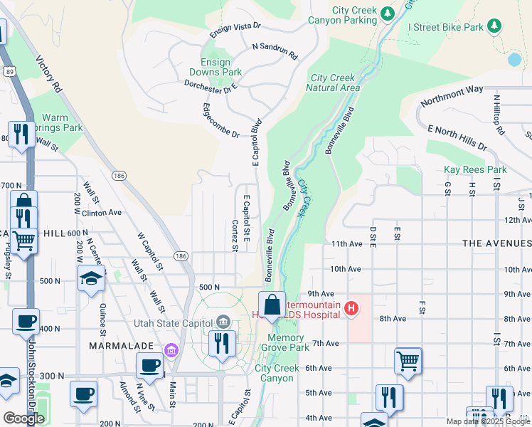 map of restaurants, bars, coffee shops, grocery stores, and more near 668 East Capitol Boulevard in Salt Lake City