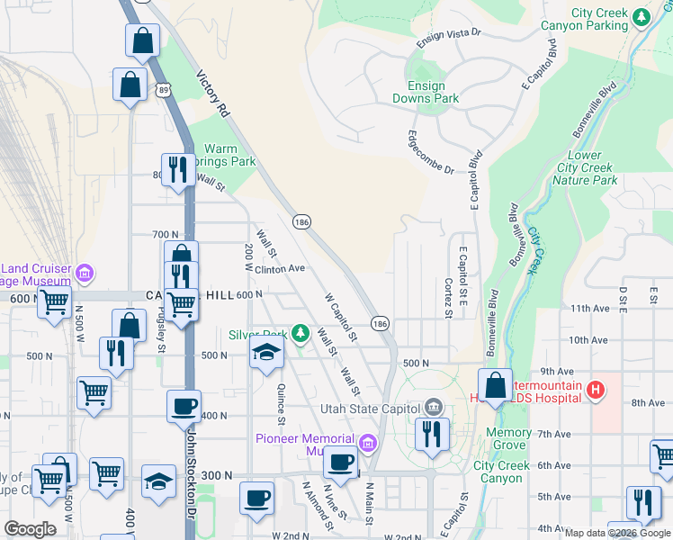 map of restaurants, bars, coffee shops, grocery stores, and more near 641 Victory Road in Salt Lake City