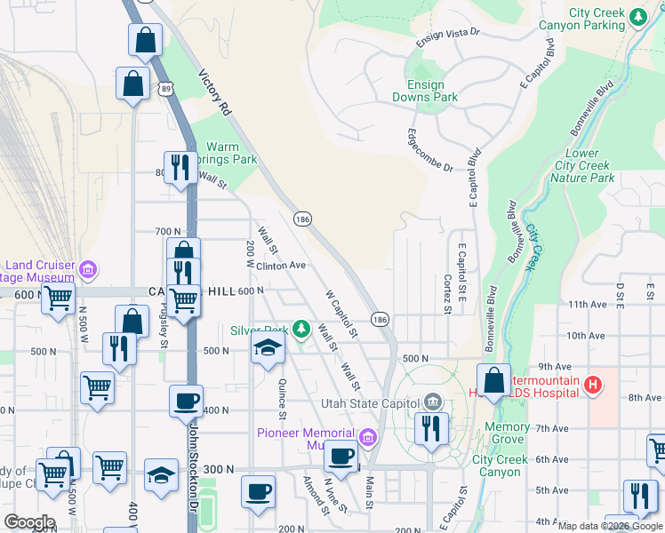 map of restaurants, bars, coffee shops, grocery stores, and more near 641 Victory Road in Salt Lake City