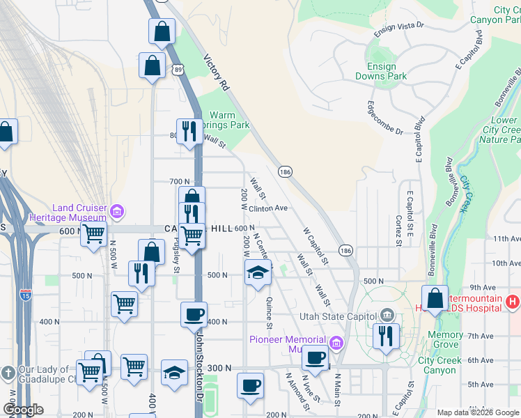 map of restaurants, bars, coffee shops, grocery stores, and more near 172 West Clinton Avenue in Salt Lake City