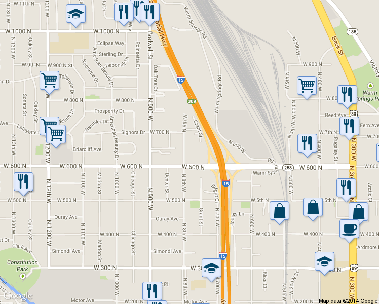 map of restaurants, bars, coffee shops, grocery stores, and more near 640 North 8th West in Salt Lake City