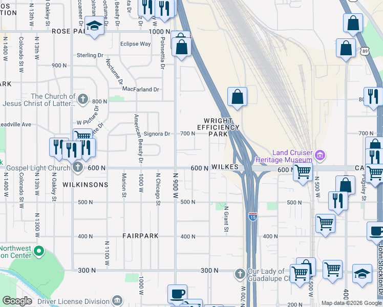 map of restaurants, bars, coffee shops, grocery stores, and more near 850 North Diamond Rose Circle in Salt Lake City