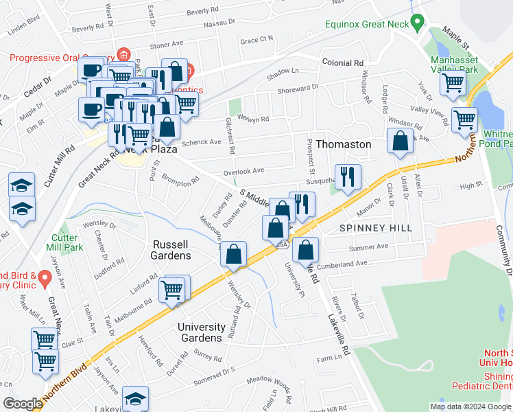 map of restaurants, bars, coffee shops, grocery stores, and more near 180 South Middle Neck Road in Great Neck