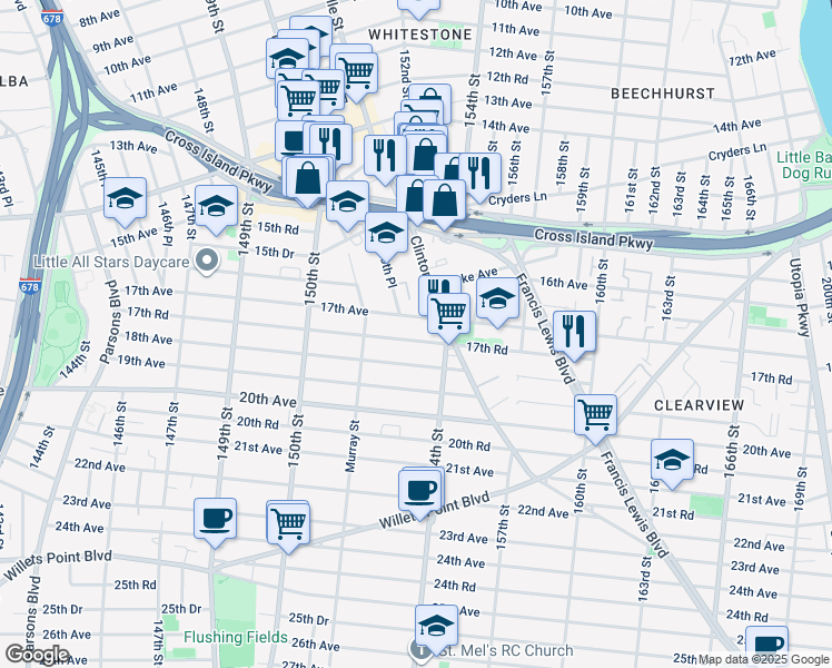 map of restaurants, bars, coffee shops, grocery stores, and more near 17-04 Clintonville Street in Queens