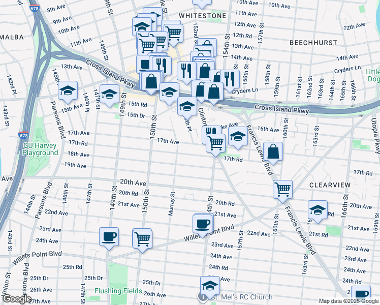 map of restaurants, bars, coffee shops, grocery stores, and more near 151-29 17th Road in Queens