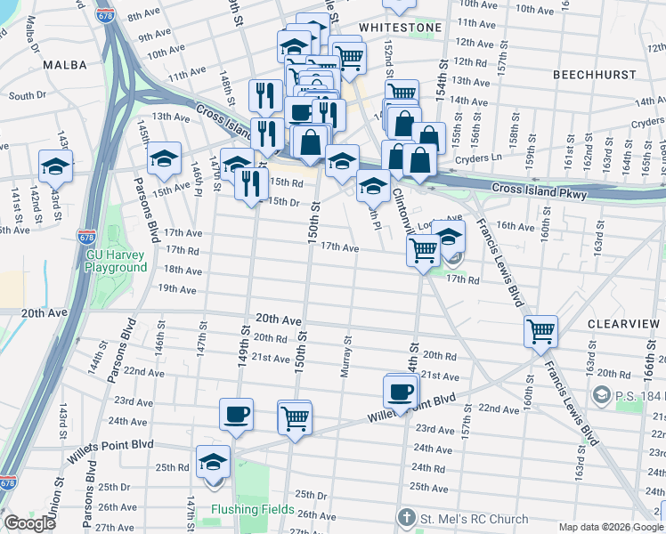 map of restaurants, bars, coffee shops, grocery stores, and more near 150-11 17th Road in Queens
