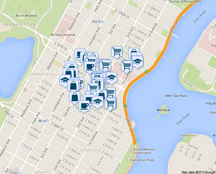 map of restaurants, bars, coffee shops, grocery stores, and more near 1849 2nd Avenue in New York