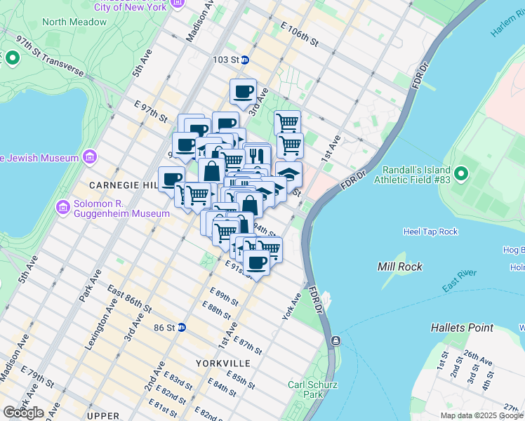 map of restaurants, bars, coffee shops, grocery stores, and more near 1849 2nd Avenue in New York